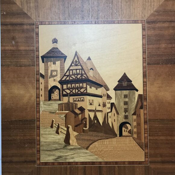 Handcrafted Wood Marquetry Wall Plaque Featuring German City Scene - Picture 7 of 8